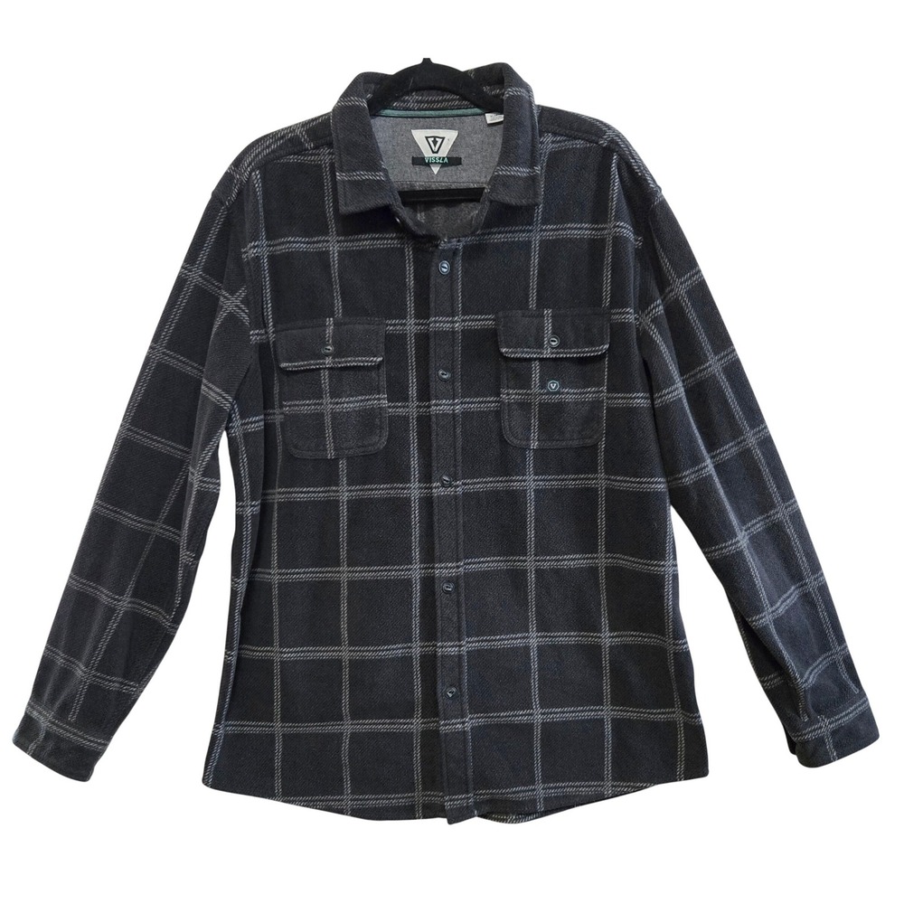 Vissla Mens XL Polar Fleece Button Down Shirt Gray Plaid Windowpane Long Sleeve